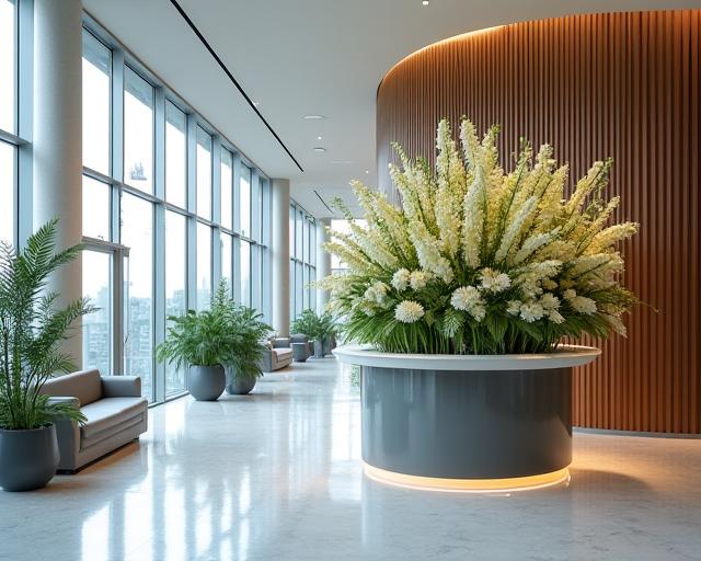 企業の受付に飾られたモダンな大型アレンジメント