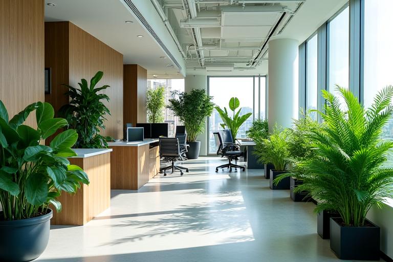 緑豊かな植物でスタイリングされたモダンなオフィス空間