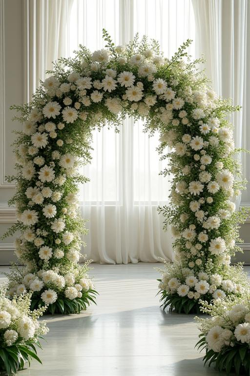 白い花々で覆われた壮麗なウェディングアーチ