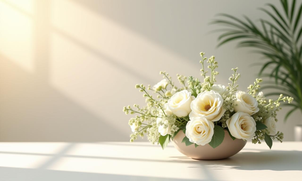 静寂な空間に置かれた、洗練されたフラワーアレンジメント