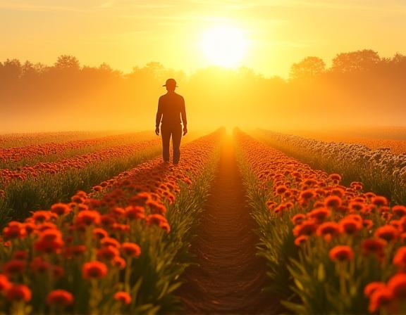 朝日を浴びる花畑と生産者
