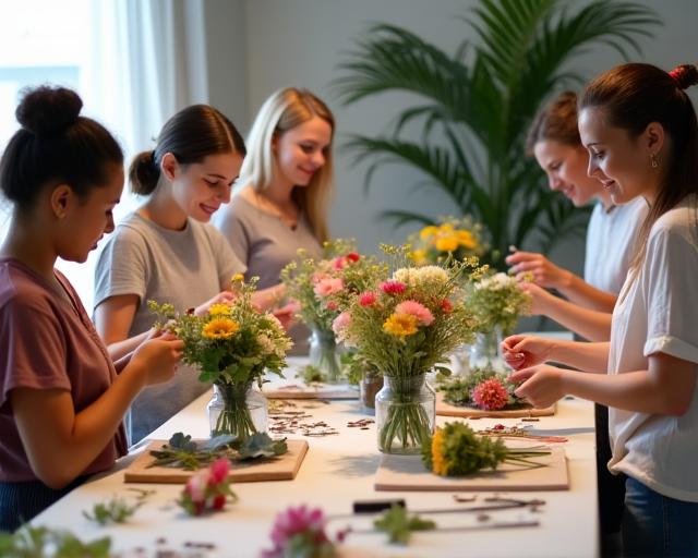 参加者が楽しそうにフラワーアレンジメントを作成している様子